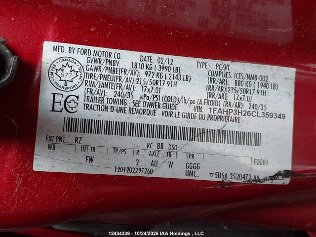 12434336 :رقم المزاد ، 1FAHP3H26CL359349 vin ، 2012 Ford Focus Sel مزاد بيع