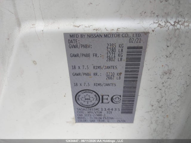 Aukcja sprzedaży 2021 Nissan Murano Sv, vin: 5N1AZ2BS5MC114435, numer aukcji: 12434447