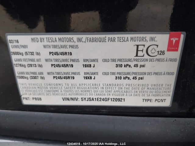 12434515 :رقم المزاد ، 5YJSA1E24GF120921 vin ، 2016 Tesla Model S 60d/70d/75d/85d/90d مزاد بيع