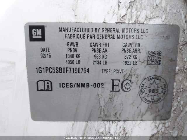 2015 Chevrolet Cruze Lt მანქანა იყიდება აუქციონზე, vin: 1G1PC5SB0F7190764, აუქციონის ნომერი: 12434596