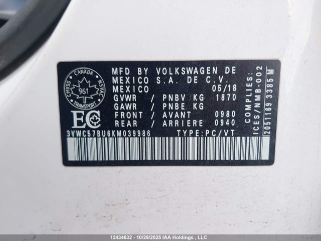 Продажа на аукционе авто 2019 Volkswagen Jetta, vin: 3VWC57BU6KM039986, номер лота: 12434632