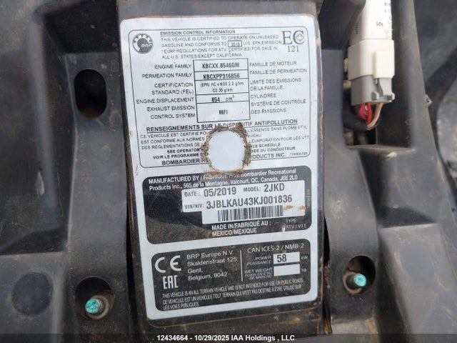 12434664 :رقم المزاد ، 3JBLKAU43KJ001836 vin ، 2019 Can-am Outlander Xt 850/xt-p 850 مزاد بيع