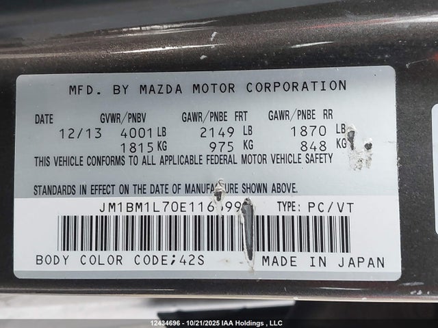 JM1BM1L70E1166998 Mazda MAZDA3