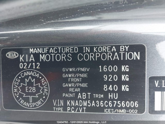 Aukcja sprzedaży 2012 Kia Rio Ex/lx/lx+/sx, vin: KNADM5A36C6756006, numer aukcji: 12434752