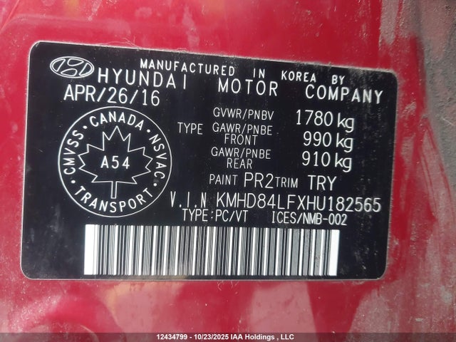 KMHD84LFXHU182565 Hyundai Elantra