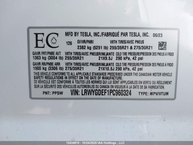 Продажа на аукционе авто 2023 Tesla Model Y Performance, vin: LRWYGDEF1PC960324, номер лота: 12434810