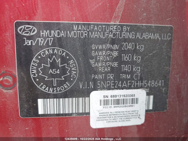 2017 Hyundai Sonata მანქანა იყიდება აუქციონზე, vin: 5NPE24AF2HH548641, აუქციონის ნომერი: 12435009