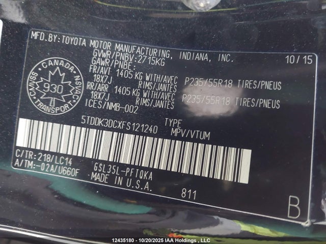 5TDDK3DCXFS121240 Toyota Sienna Xle/limited