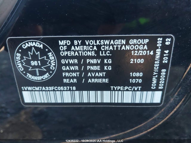 12435222 :رقم المزاد ، 1VWCM7A33FC053718 vin ، 2015 Volkswagen Passat Sel مزاد بيع