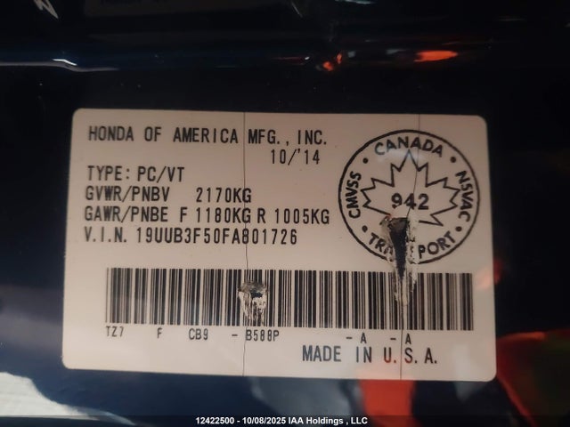 Acura j35y6 2015 19UUB3F50FA801726 Image 9