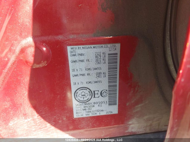 Aukcja sprzedaży 2015 Nissan Rogue, vin: 5N1AT2MV8FC805051, numer aukcji: 12435433