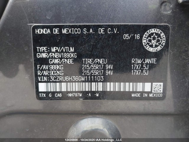 3CZRU6H36GM111103 Honda HR-V LX