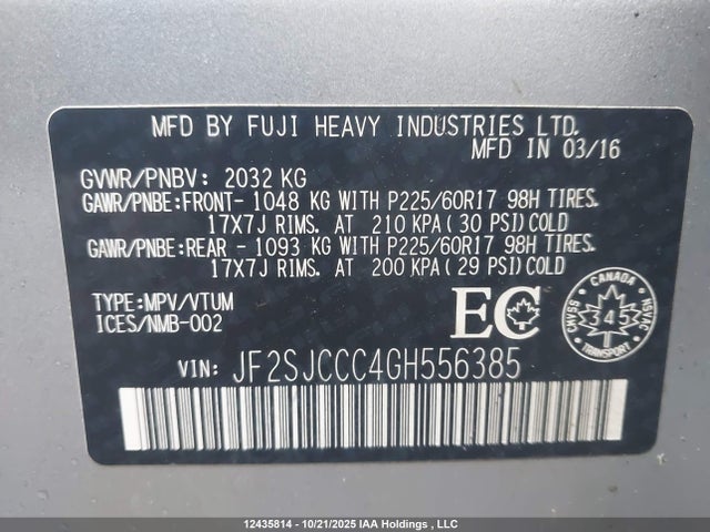 12435814 :رقم المزاد ، JF2SJCCC4GH556385 vin ، 2016 Subaru Forester 2.5i Premium مزاد بيع