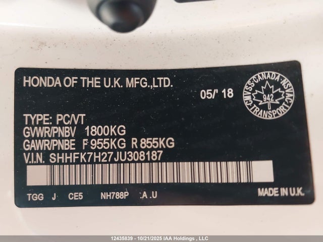 SHHFK7H27JU308187 Honda Civic