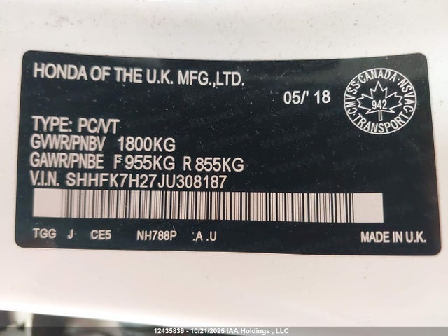 SHHFK7H27JU308187 Honda Civic