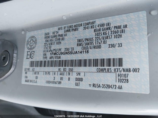 12435870 :رقم المزاد ، 1FMCU9GN5SUA14118 vin ، 2025 Ford Escape Active مزاد بيع