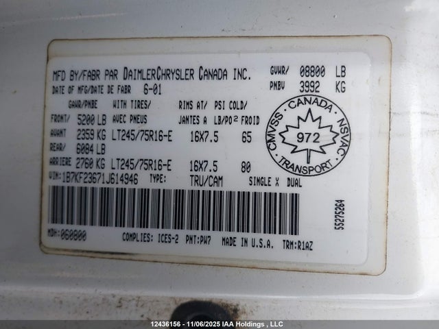 Aukcja sprzedaży 2001 Dodge Ram 2500, vin: 1B7KF23671J614946, numer aukcji: 12436156