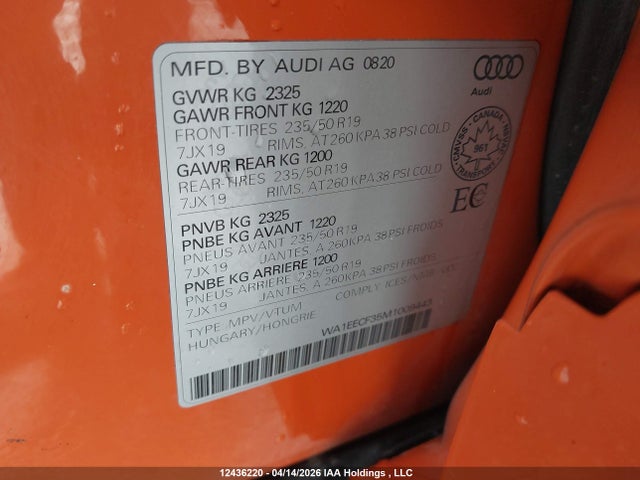 Aukcja sprzedaży 2021 Audi Q3 Premium Plus S Line 45, vin: WA1EECF35M1009443, numer aukcji: 12436220