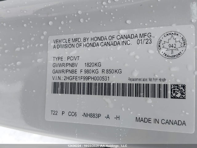 2023 Honda Civic Touring მანქანა იყიდება აუქციონზე, vin: 2HGFE1F99PH000531, აუქციონის ნომერი: 12436224
