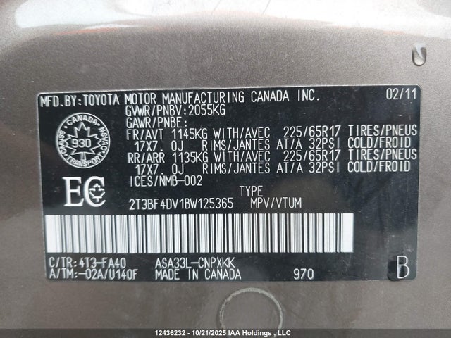 Продажа на аукционе авто 2011 Toyota Rav4, vin: 2T3BF4DV1BW125365, номер лота: 12436232
