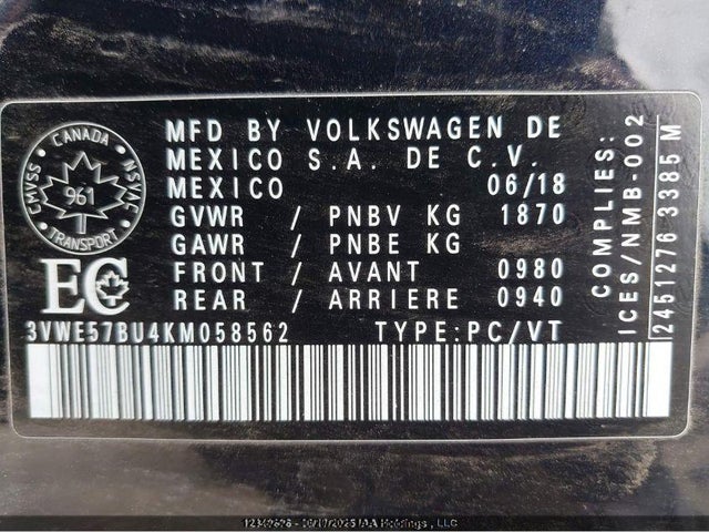 Aukcja sprzedaży 2019 Volkswagen Jetta 1.4 Tsi Highline, vin: 3VWE57BU4KM058562, numer aukcji: 12436252