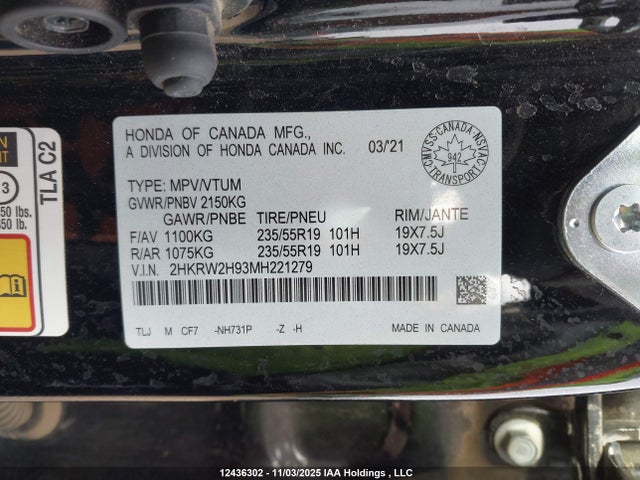 12436302 :رقم المزاد ، 2HKRW2H93MH221279 vin ، 2021 Honda Cr-v Black Edition/touring مزاد بيع
