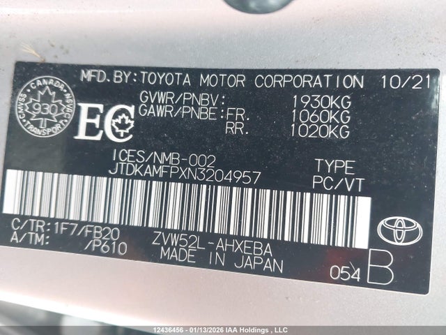 JTDKAMFPXN3204957 Toyota Prius