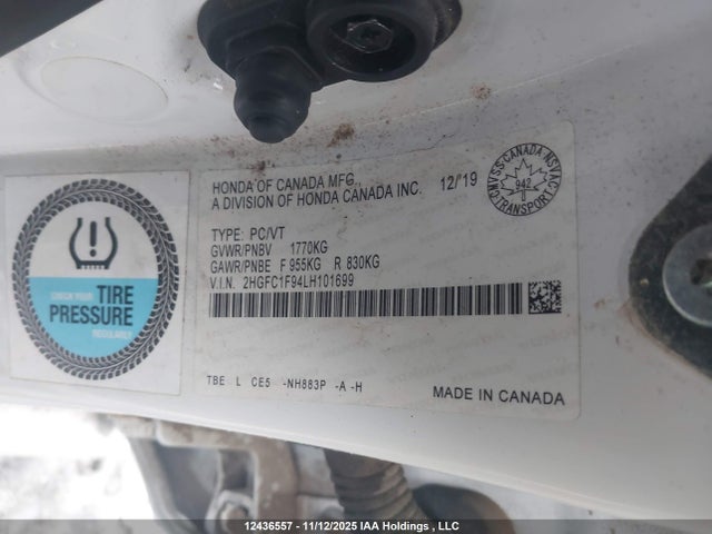 Продаж на аукціоні авто 2020 Honda Civic Touring, vin: 2HGFC1F94LH101699, номер лоту: 12436557