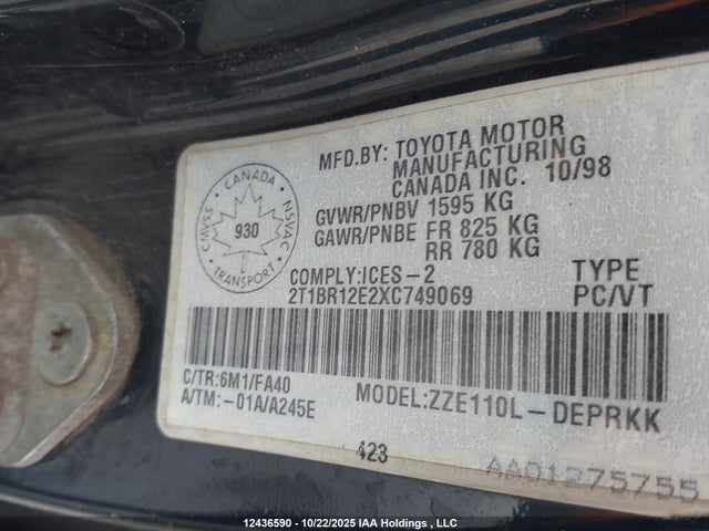 12436590 :رقم المزاد ، 2T1BR12E2XC749069 vin ، 1999 Toyota Corolla Ve/ce/le مزاد بيع