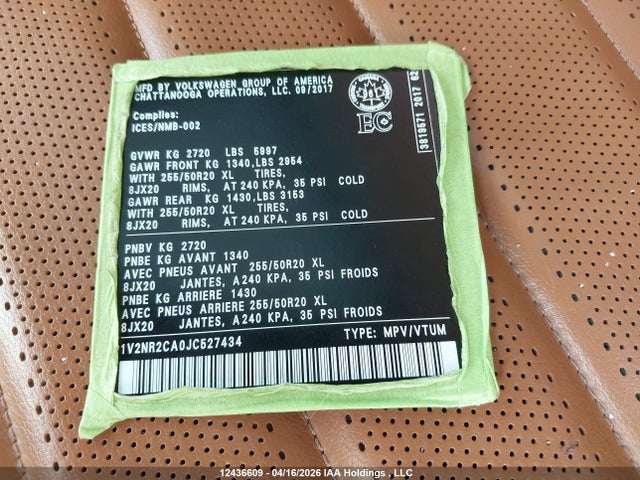 Aukcja sprzedaży 2018 Volkswagen Atlas 3.6 Fsi Execline, vin: 1V2NR2CA0JC527434, numer aukcji: 12436609