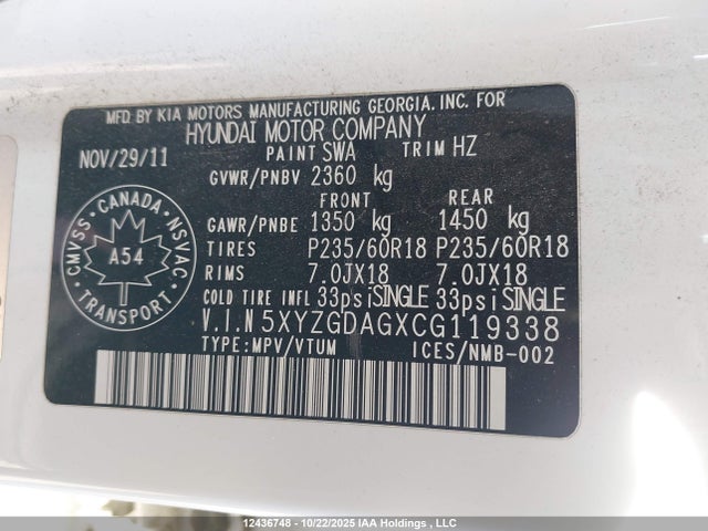 Продаж на аукціоні авто 2012 Hyundai Santa Fe Gls, vin: 5XYZGDAGXCG119338, номер лоту: 12436748