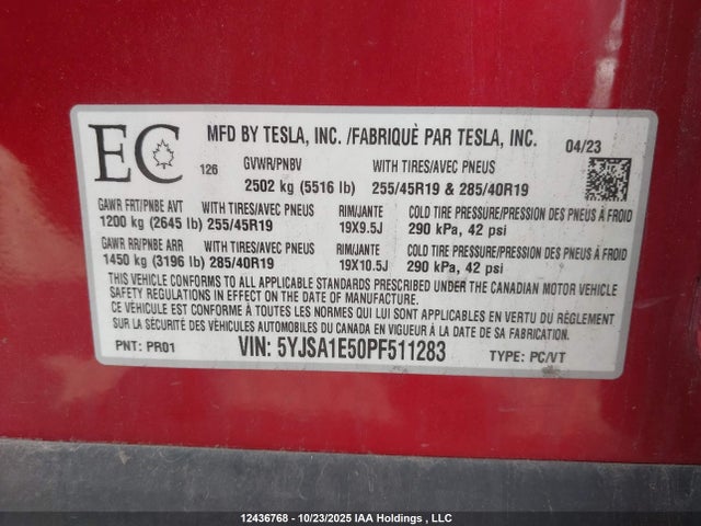 5YJSA1E50PF511283 Tesla Model S Awd/standard Range