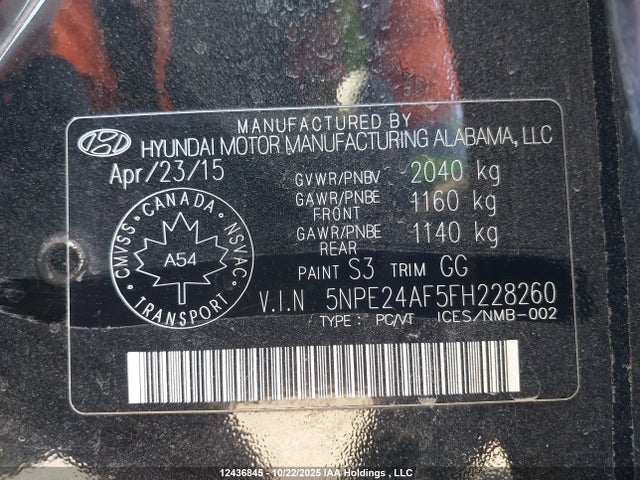 12436845 :رقم المزاد ، 5NPE24AF5FH228260 vin ، 2015 Hyundai Sonata Gl مزاد بيع