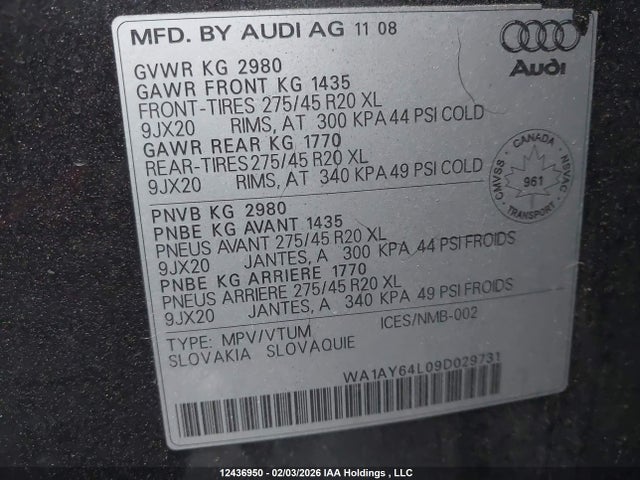 Aukcja sprzedaży 2009 Audi Q7, vin: WA1AY64L09D029731, numer aukcji: 12436950