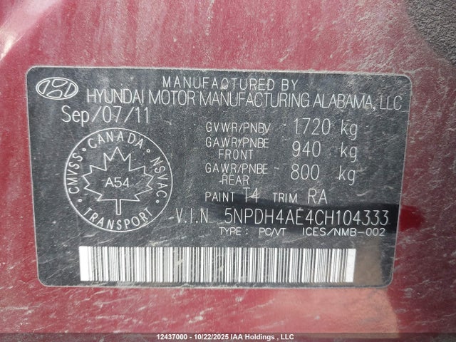 12437000 :رقم المزاد ، 5NPDH4AE4CH104333 vin ، 2012 Hyundai Elantra Gl مزاد بيع