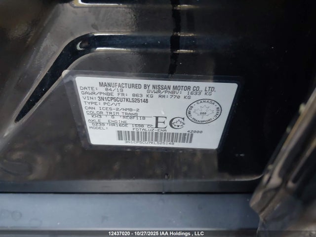 3N1CP5CU7KL525148 Nissan Kicks S/sr/sv