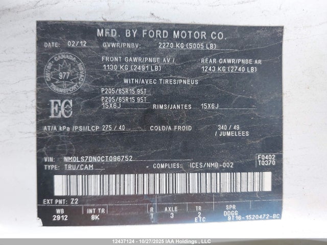 Продаж на аукціоні авто 2012 Ford Transit Connect, vin: NM0LS7DN0CT096752, номер лоту: 12437124