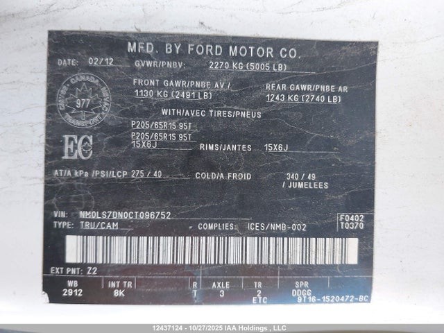 Продаж на аукціоні авто 2012 Ford Transit Connect, vin: NM0LS7DN0CT096752, номер лоту: 12437124