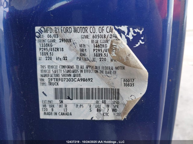 12437219 :رقم المزاد ، 2FTRF07303CA98692 vin ، 2003 Ford F-150 مزاد بيع