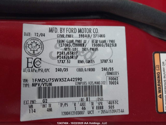 Продажа на аукционе авто 2005 Ford Explorer Limited, vin: 1FMDU75WX5ZA42590, номер лота: 12437404