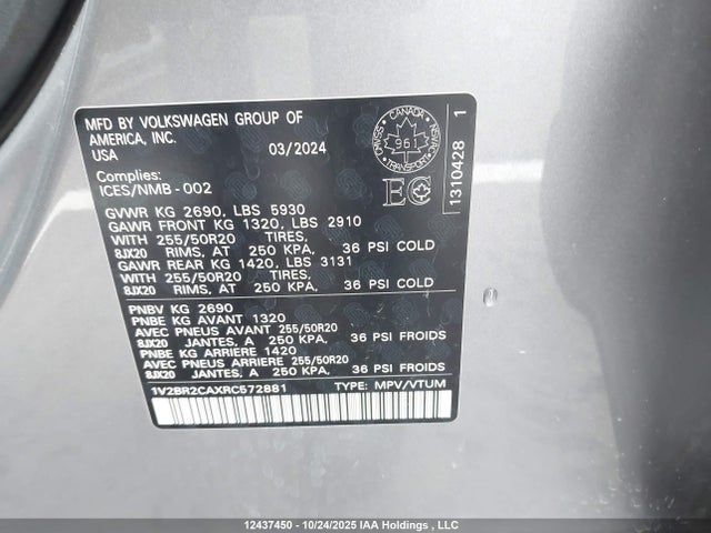 12437450 :رقم المزاد ، 1V2BR2CAXRC572881 vin ، 2024 Volkswagen Atlas Sel مزاد بيع