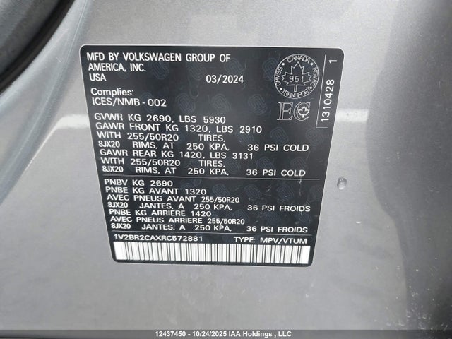 12437450 :رقم المزاد ، 1V2BR2CAXRC572881 vin ، 2024 Volkswagen Atlas Sel مزاد بيع