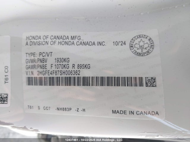 Aukcja sprzedaży 2025 Honda Civic Hybrid, vin: 2HGFE4F87SH006362, numer aukcji: 12437461