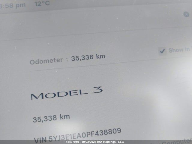 5YJ3E1EA0PF438809 Tesla Model 3 Rwd