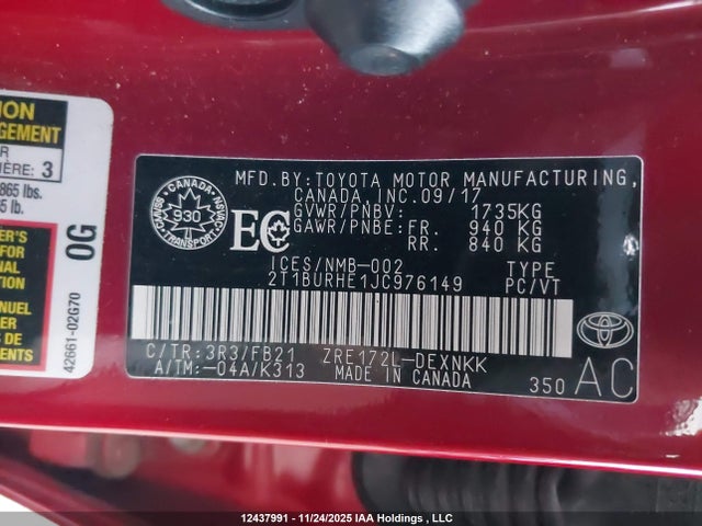 12437991 :رقم المزاد ، 2T1BURHE1JC976149 vin ، 2018 Toyota Corolla L/le/xle/se/xse مزاد بيع