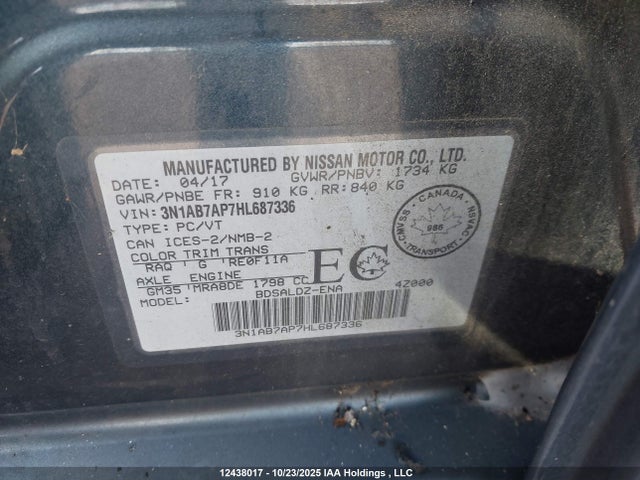 Продажа на аукционе авто 2017 Nissan Sentra S/sv/sr/sl, vin: 3N1AB7AP7HL687336, номер лота: 12438017