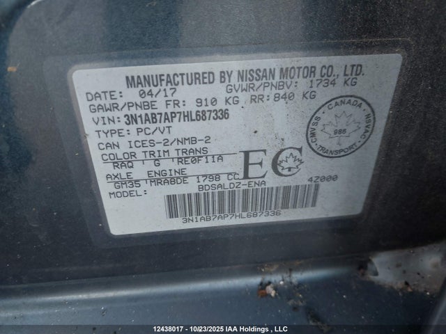 Продажа на аукционе авто 2017 Nissan Sentra S/sv/sr/sl, vin: 3N1AB7AP7HL687336, номер лота: 12438017