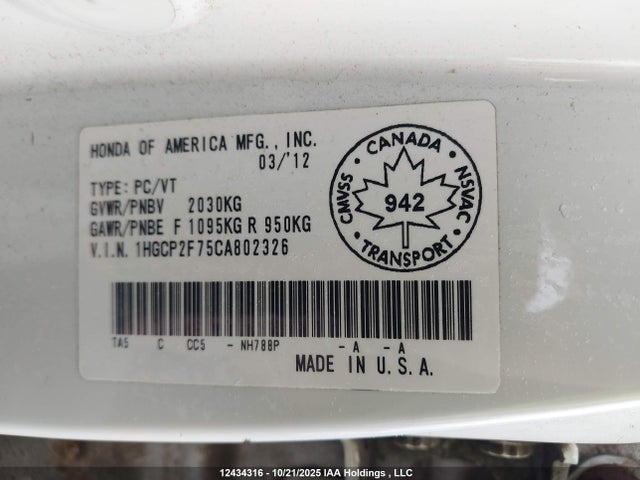 Продаж на аукціоні авто 2012 Honda Accord Ex, vin: 1HGCP2F75CA802326, номер лоту: 12434316