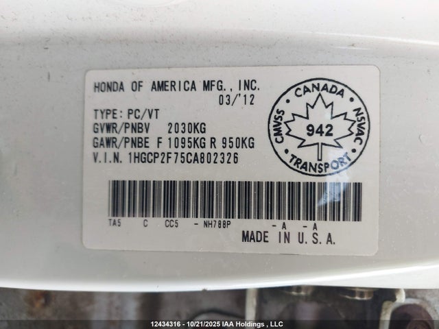 Продаж на аукціоні авто 2012 Honda Accord Ex, vin: 1HGCP2F75CA802326, номер лоту: 12434316