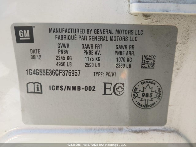 2012 Buick Lacrosse მანქანა იყიდება აუქციონზე, vin: 1G4G55E36CF376957, აუქციონის ნომერი: 12438098